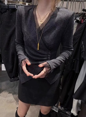 LIAN里安2025冬季新款韩版时尚V领蕾丝拼接修身显瘦打底衫上衣女