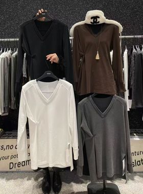 LIAN里安2025冬季新款韩版时尚设计感宽松显瘦V领长袖T恤女打底衫