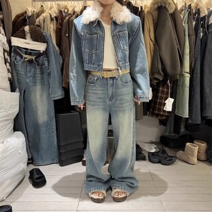 PLNH牛仔套装2025冬季新款设计感加绒牛仔短外套女+加绒牛仔裤女