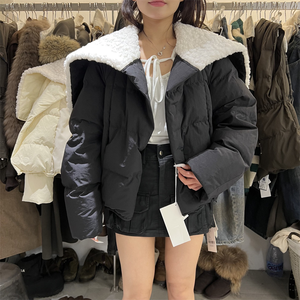 PLNH2025冬季新款设计感减龄羊羔绒大翻领隐形暗扣保暖羽绒服外套