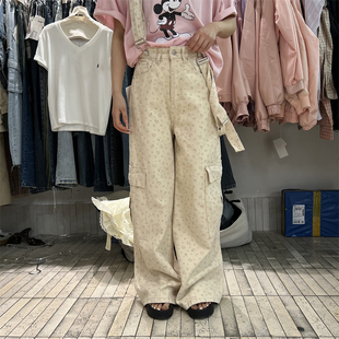 PLNH202秋冬新款韩版时尚设计感高腰宽松显瘦洗水碎花牛仔背带裤