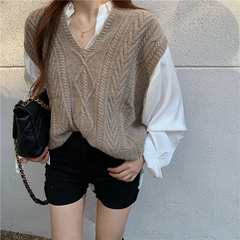 Real shot real price Korean V-neck twist vest sweater + bandage shirt dress