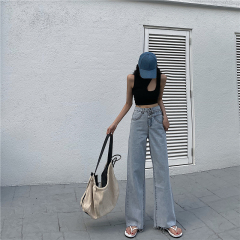 Real shot real price Korean spring and summer light color wash water versatile high waist jeans wide leg pants