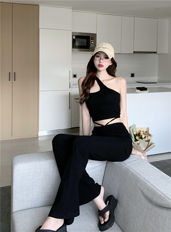 Real shot real shot European and American Spice Girl Fashion suspender high waist drawstring slim micro flared pants two piece suit