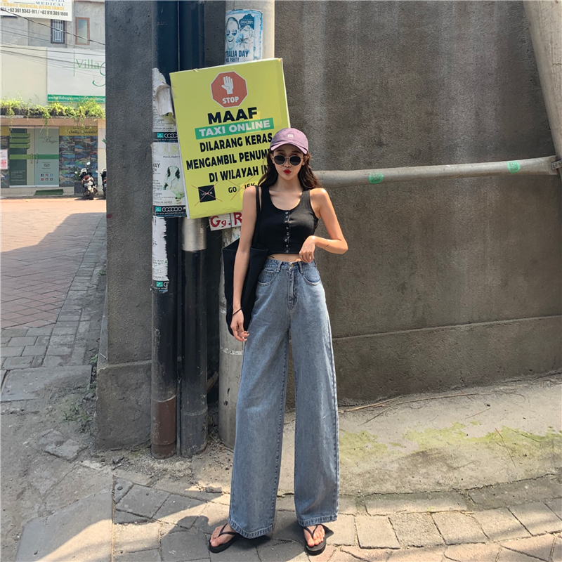 New style retro high waist wash for old wide leg floor sweeping jeans in spring