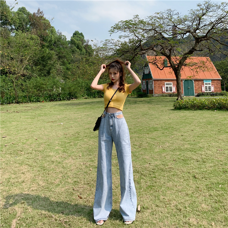 Real price retro hollow out high waist super leg long mop jeans