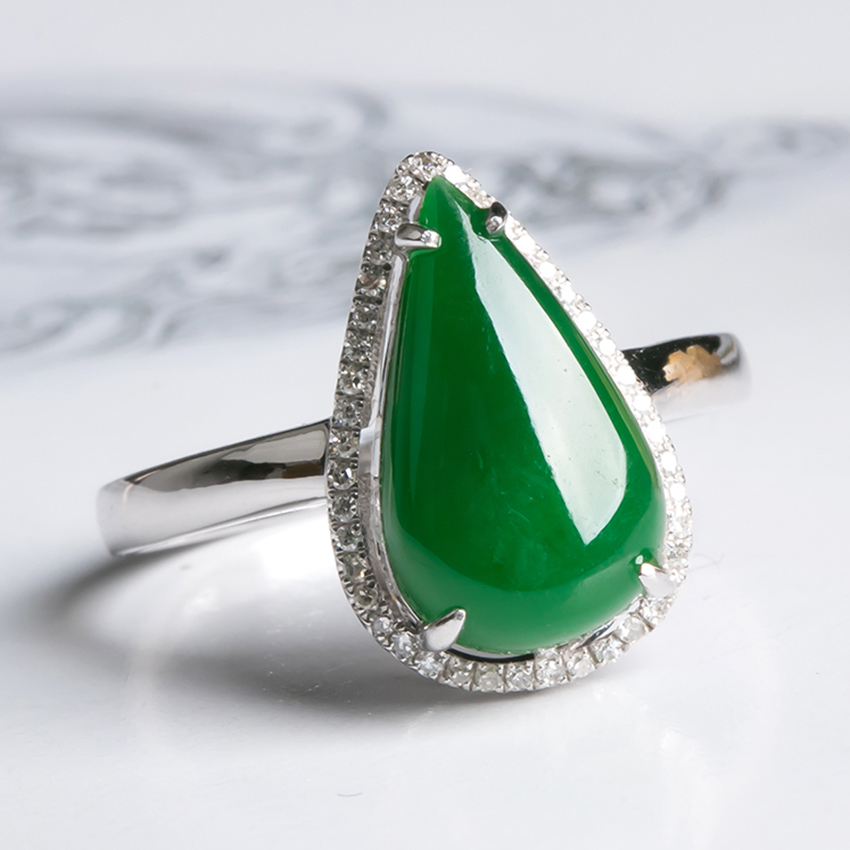 内径17.5mm天然缅甸翡翠玉戒指女18K金伴钻镶嵌绿色水滴戒指2.60g