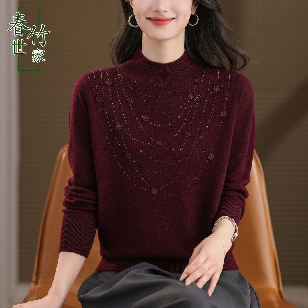 春竹世家羊毛秋冬毛衣重工半高领亲肤好穿针织衫新款宽松女装上衣