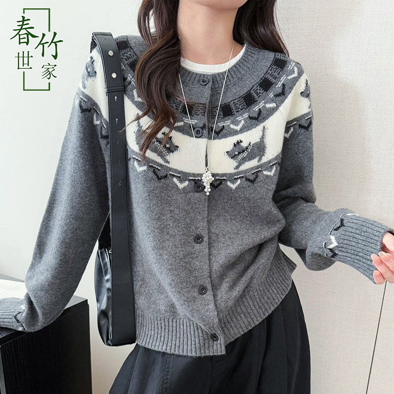 全羊毛针织衫复古开衫女秋冬毛衣