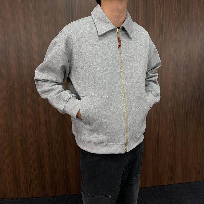 Unblank 2025春季新品老钱风翻领夹克重磅太空棉复合卫衣外套男