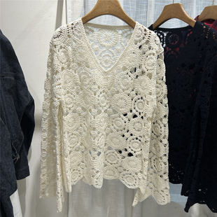 欧洲站2025早秋新款 毛衣 时尚 镂空钩花宽松百搭女显瘦羊毛针织衫