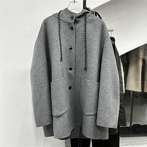 欧洲站欧货2024新款双面羊绒大衣大口袋设计中长款连帽羊毛呢外套