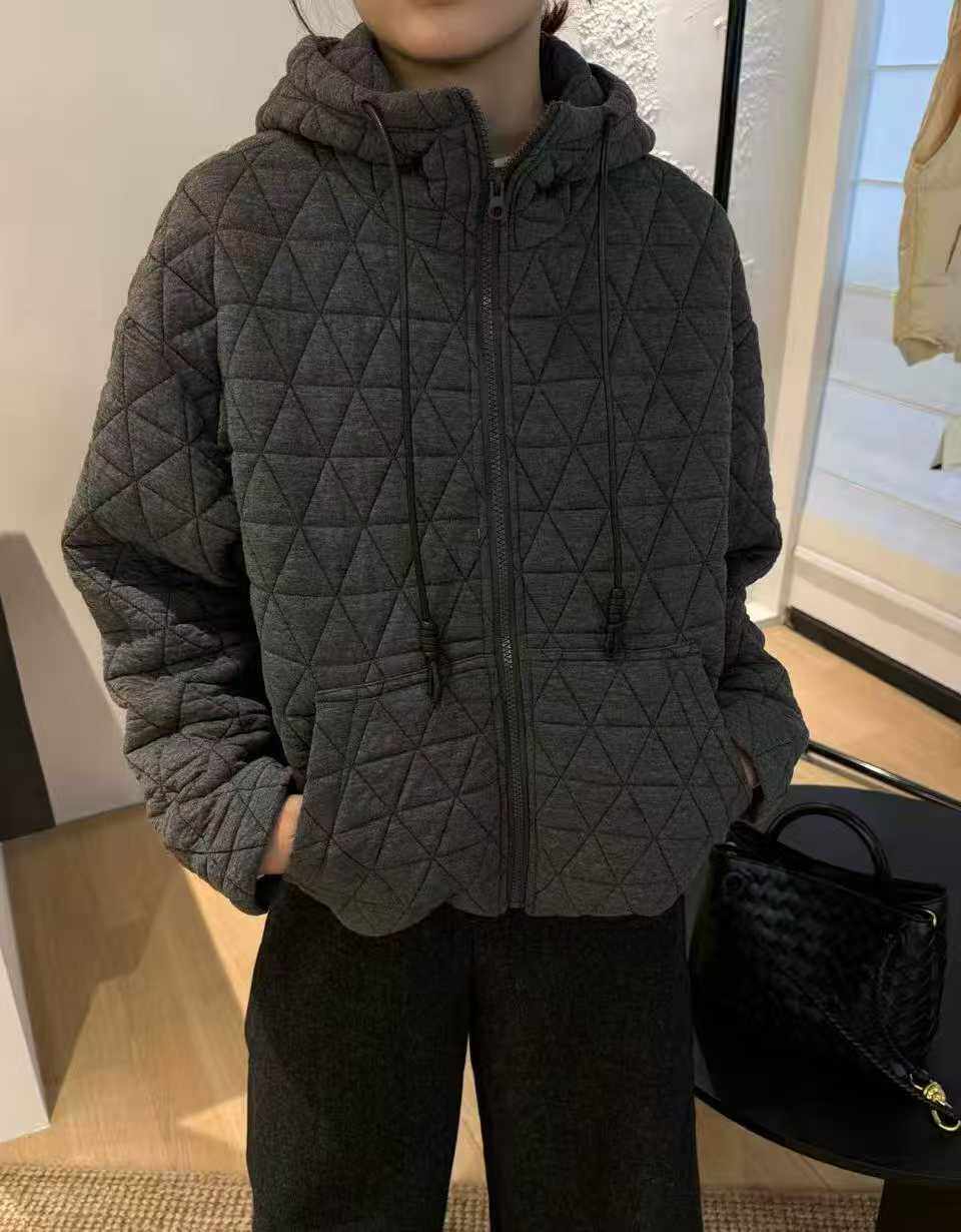 欧洲站欧货2025新款连帽菱格棉服外套女宽松百搭显瘦时尚短款外套