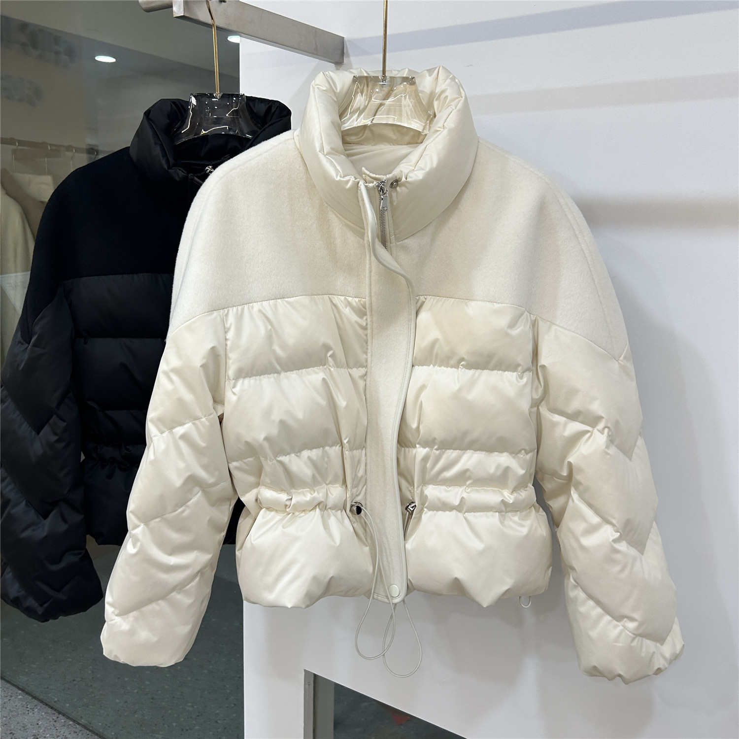 欧洲站2025冬季新款立领拼接双面呢拼接宽松羽绒服外套女时尚小众