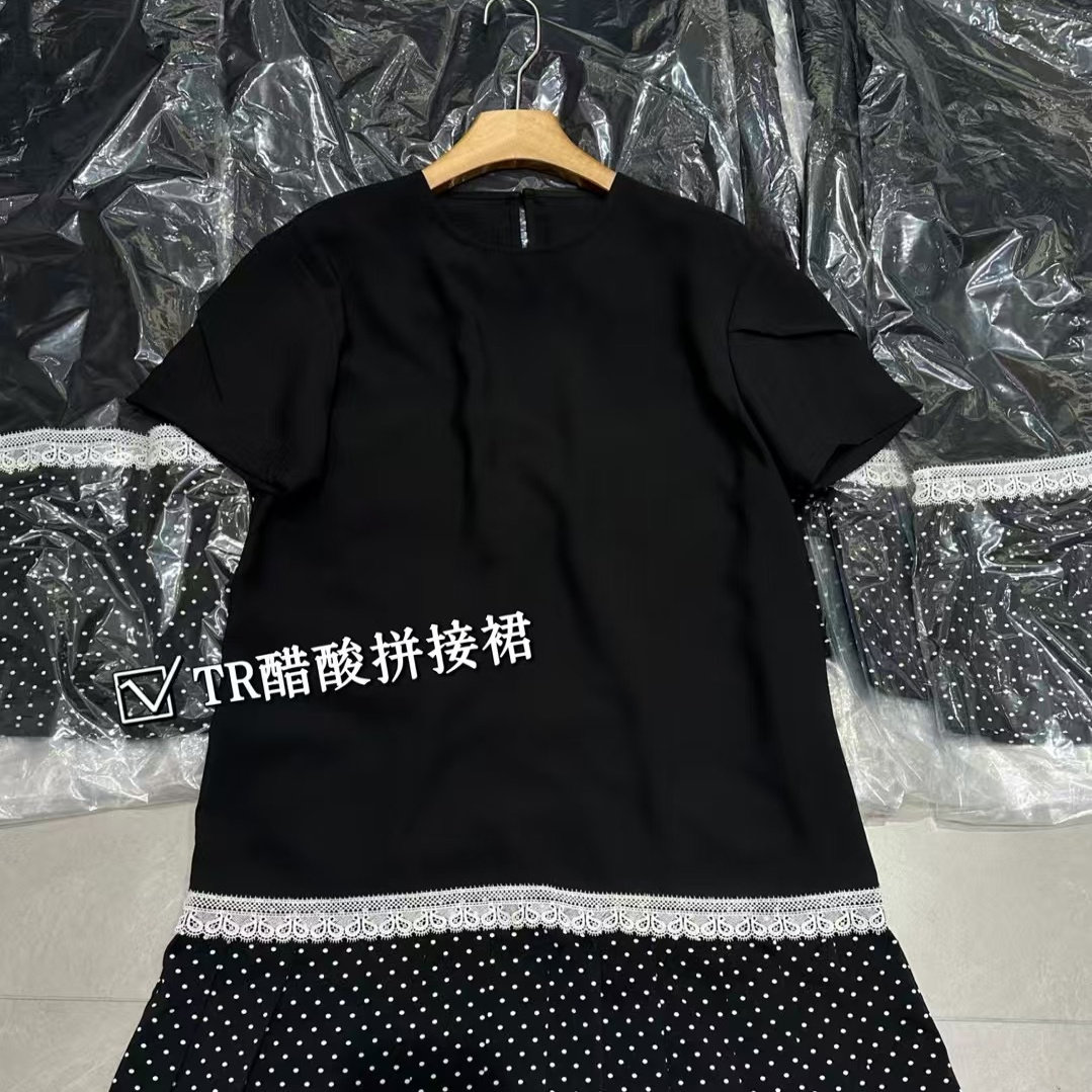 欧洲站2026夏季新款时尚醋酸拼接蕾丝边波点短袖连衣裙中长裙女潮