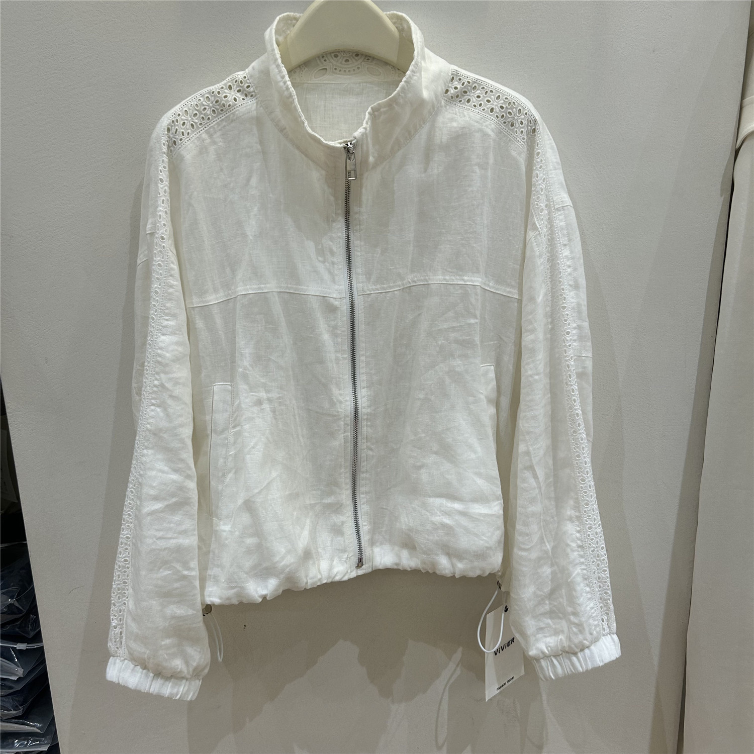 欧货2026春款白色立领镂空短外套女拉链防晒服百搭亚麻外套女