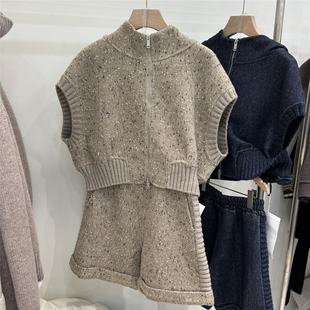 休闲两件套装 欧货2025秋季 短裤 连帽羊毛针织坎肩马甲外套女 新款