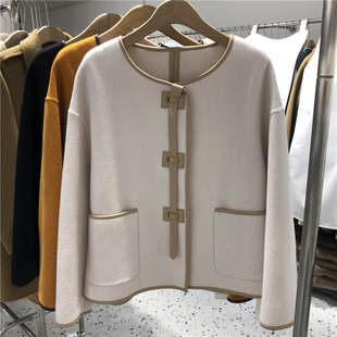 欧洲站欧货2025秋冬新款双面羊绒大衣时尚圆领单排皮扣羊毛外套女