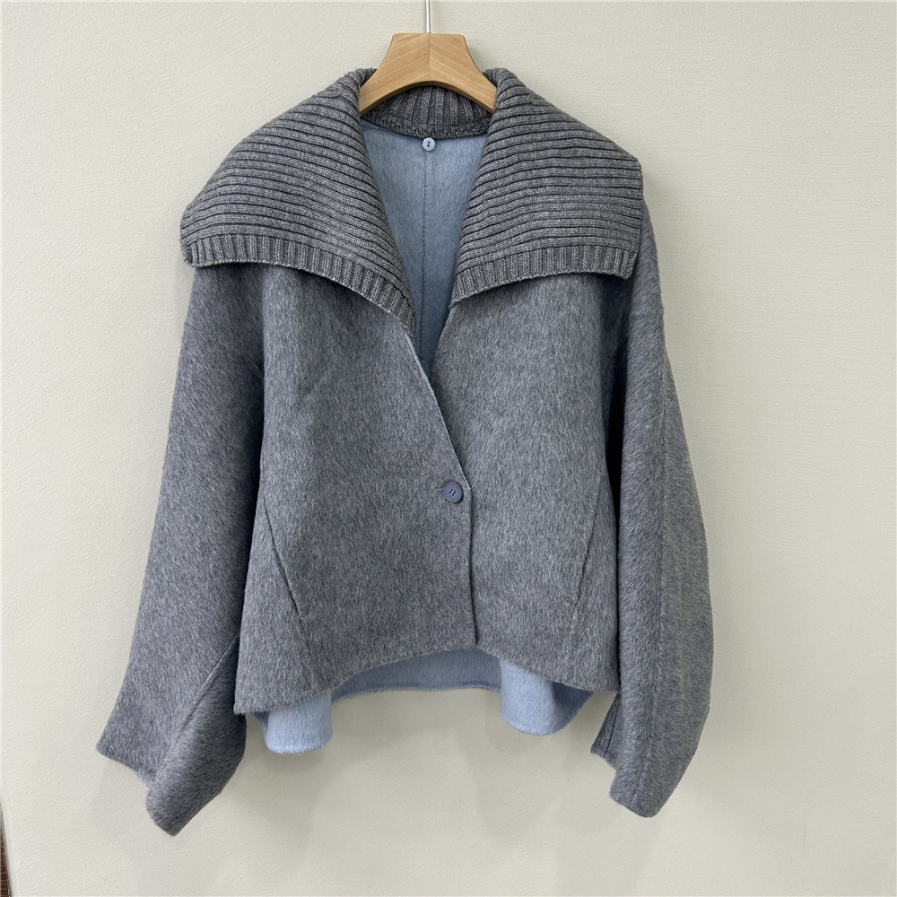 商场同款2025冬装新羊毛拼针织翻领短款大衣女小个子阔版毛呢外套