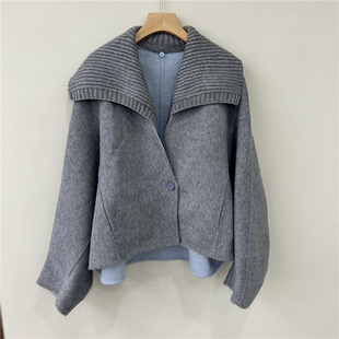 大衣女小个子阔版 新羊毛拼针织翻领短款 毛呢外套 2025冬装 商场同款