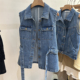 欧洲站欧货牛仔马甲女翻领系腰带时髦显瘦坎肩牛仔马夹外套百搭