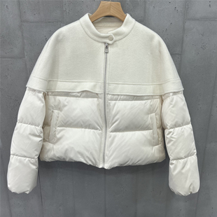 欧洲站欧货短款立领羽绒服女冬季拼接羊毛设计宽松百搭90鹅绒外套