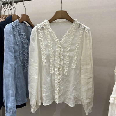 欧洲站欧货2026法式温柔风V领木耳边苎麻衬衫女长袖减龄显瘦上衣