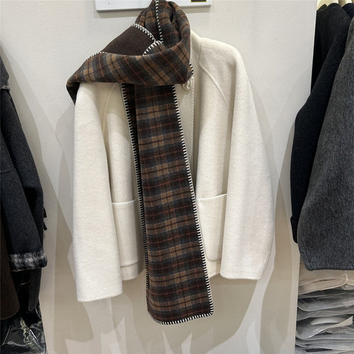 韩版025秋冬新款配围巾圆领双面羊毛大衣女宽松显瘦短款外套潮