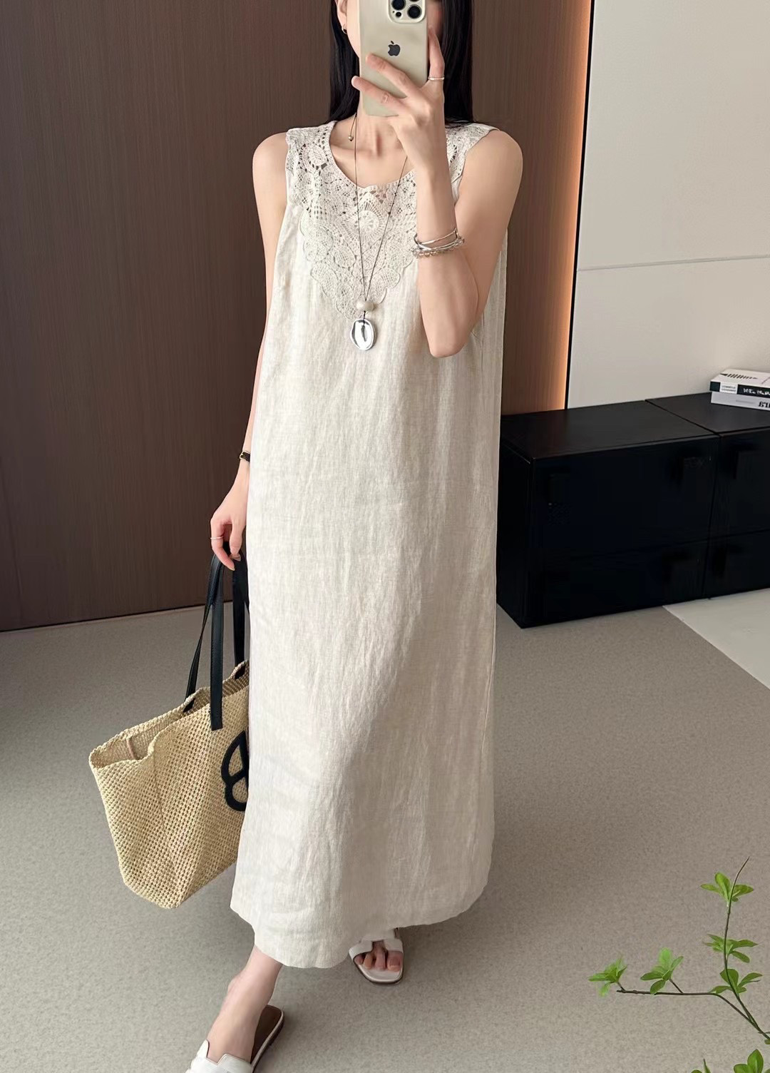 欧洲站2026夏季新款时尚圆领无袖背心宽松显瘦中长款亚麻连衣裙女