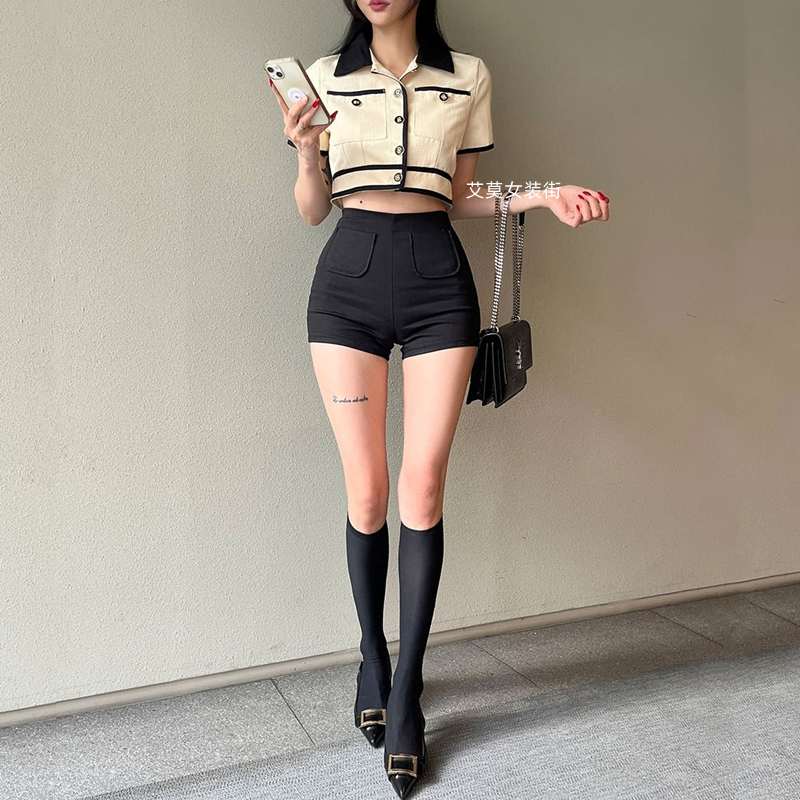 高腰石锦美式短裤弹力弹力