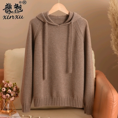 九针连帽100纯山羊绒衫女秋冬25新款套头宽松针织厚帽衫毛衣打底