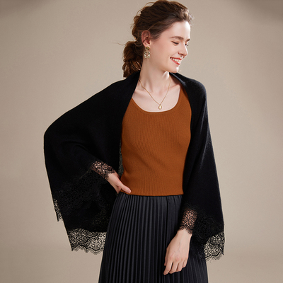 康赛妮A类100纯山羊绒衫2024春秋披肩外套女针织打底衫围巾蕾丝边