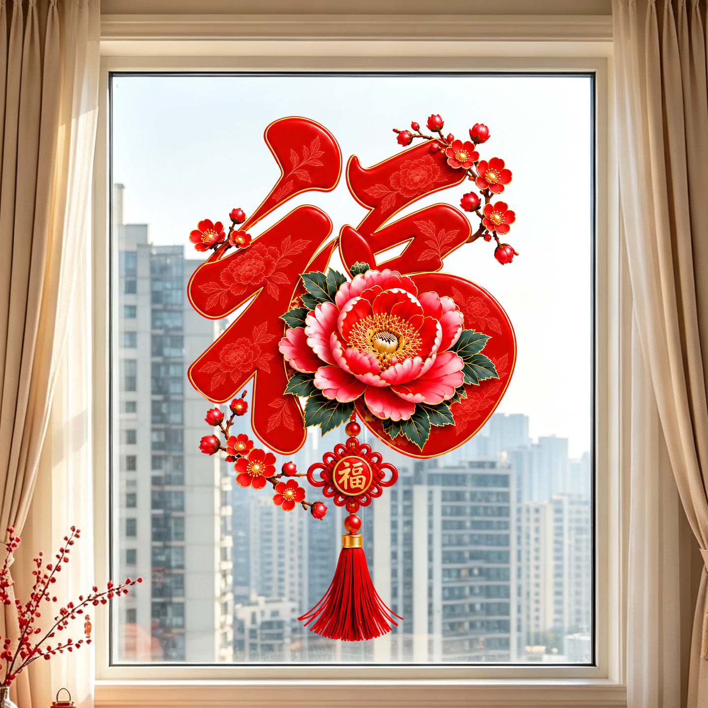 2027新年红牡丹福字窗贴中国结