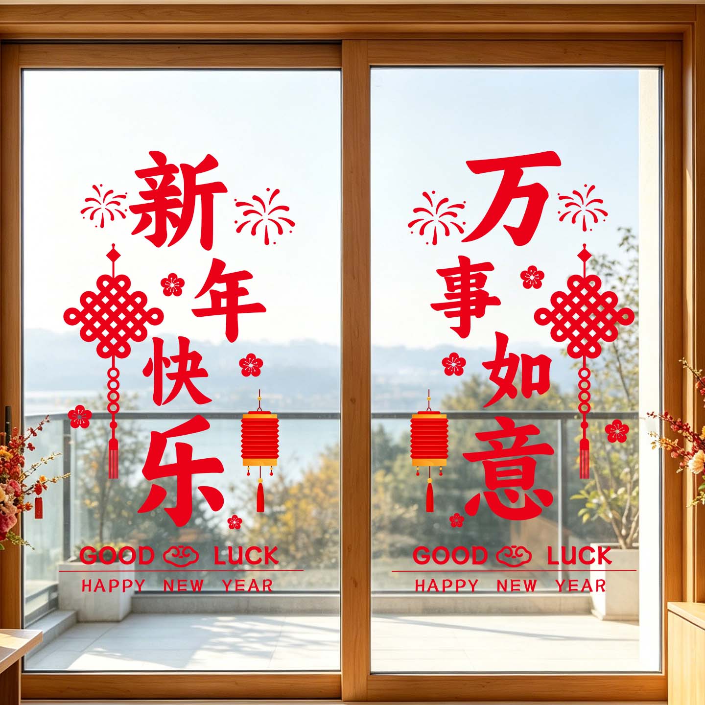 2027羊年春节中国结灯笼玻璃贴