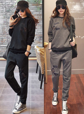 宽松卫衣套装女2023秋冬新款加绒运动休闲显瘦哈伦九分长裤两件套
