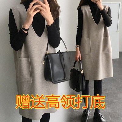洋气衬衫马甲毛呢连衣裙两件套装
