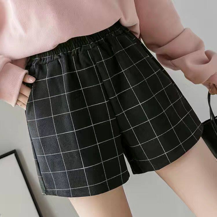 秋冬韩版双排纽扣短裤女时尚高腰a字休闲阔腿洋气毛呢外穿靴裤潮