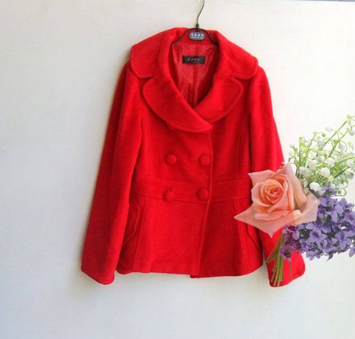 无细节加厚红色羊绒大衣毛呢外套