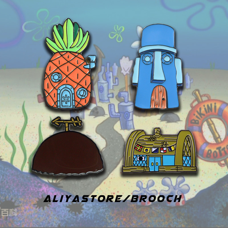 aliystore海绵宝宝海底房子菠萝屋情侣胸针hot童趣可爱徽章领针in