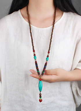 气质项链木质圆珠男女松石