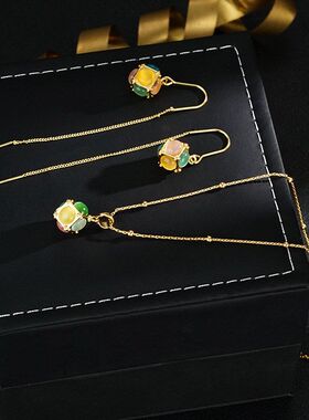 彩色猫眼石魔方锁骨链男女时尚复古小众设计气质项链脖子配饰挂件