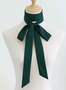 绿色柔软绸缎细窄绑脖子丝巾项链长款女衬衫配饰领带蝴蝶结毛衣链