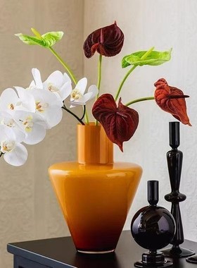 复古橙色玻璃烛台插花怀旧拍摄道具咖啡馆民宿家居装饰摆件