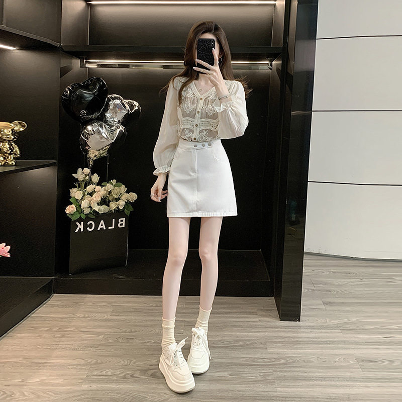 重工镶钻包臀牛仔短裙女2026夏季新款气质显瘦针织拼接雪纺衫套装