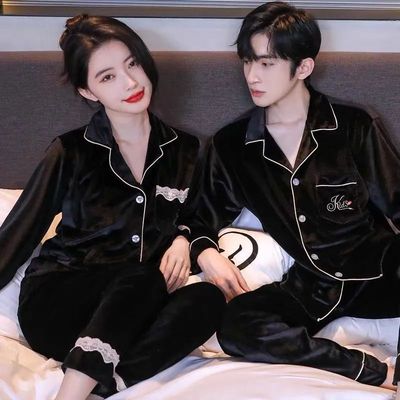 情侣睡衣女春秋款长袖金丝绒纯色大码男士秋冬季高级感家居服套装