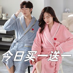 情侣睡袍女秋冬季加厚双面绒睡衣法兰绒长款浴袍男士珊瑚绒冬季