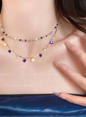 双层彩色水晶串珠项链女2025新款小众叠戴锁骨链高级感颈链