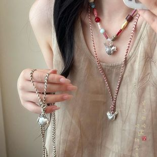 新中式多宝满足鸟串珠吊坠项链女复古叠戴编绳长款毛衣链挂绳配饰