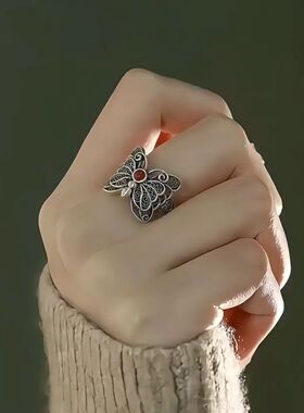 复古南红蝴蝶戒指花丝镂空做旧新中式女掐丝小众可调节指环