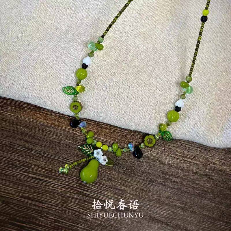 「青梨春芽」森系绿色梨子花朵串珠项链春夏小清新设计感锁骨链女